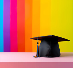 Wall Mural - Black graduation cap with tassel on bright rainbow vibrant background with copy space Concept of Education, Learning or Science