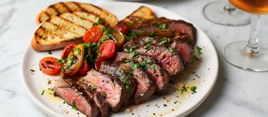 Sticker - Thin slices of grilled beef on a white plate, topped with roasted bone marrow, served with vegetables and toast.