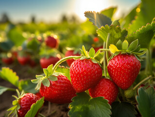 Wall Mural - A close-up of a vibrant strawberry field with ripe berries ready for picking. 