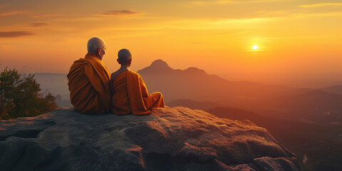 Buddhist monks young students children in meditation zen look at sunset or sunrise background from of statue. Serene warrior find spirituality and wellbeing. Mental health concept