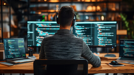Software developer with multiple screens in front coding applications. Programmer in office at work.