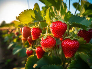 Wall Mural - A close-up of a vibrant strawberry field with ripe berries ready for picking. 