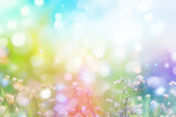 Fototapeta  - Beautiful multicolored spring meadow background with wild flowers and bokeh lights