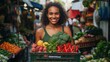 smiling woman with a box of fresh fruits and vegetables standing at the market, symbolizing a healthy lifestyle, freshness and the concept of farm-to-table products.