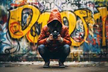 Photographer capturing graffiti in a city alley way, exploring the rebellious spirit and raw energy of street art.