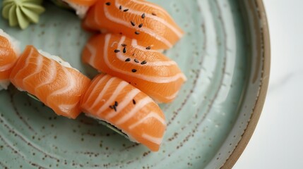 Wall Mural - Neatly Arranged Salmon Sushi Resting on a Light Green Plate, an Exquisite Presentation for a Culinary Symphony.