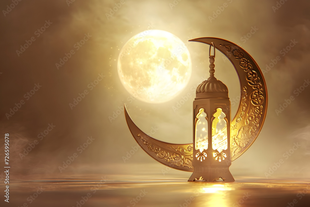 golden lantern and moon over the golden Muslim crescent background ...