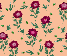 Wall Mural - Seamless pattern with bright purple peonies and green bugs on a light colored background. Vector illustration for design of fabric, wallpaper, textiles in retro style.