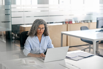 Busy mature middle aged professional business woman, older lady manager executive leader looking at laptop using computer in office working on digital project sitting at desk. View through glass.