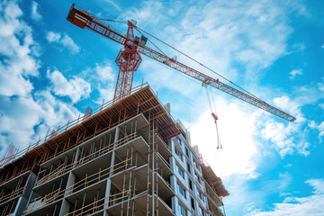 view of construction site new multi storey buildings tower crane in unfinished high-rise building wi