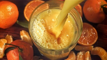 Canvas Print - Fresh tangerine juice is poured into a glass. Filmed on a high-speed camera at 1000 fps. High quality FullHD footage