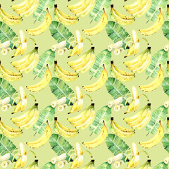 Wall Mural - Seamless pattern with yellow bananas and banana leaves, summer tropical fruit pattern, watercolor, summer party, wedding, graphic resources, 300 dpi   