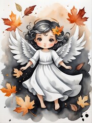 Wall Mural - Angel, cute girl angel in watercolor, cartoon, isolated on white background, color splash	