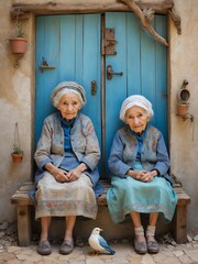 two old ladies, In front of an old rustic house with blue doors and little bird