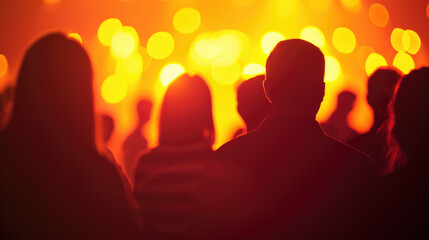 Blur concert hall with orange and yellow light stage, rock show, silhouettes of people having fun.