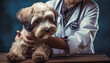 Um lindo cachorro sendo examinado por uma veterinária