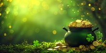 Banner St Patricks Day With Treasure Of Leprechaun, Pot Full Of Golden Coins And Shamrocks On Festive Green Background