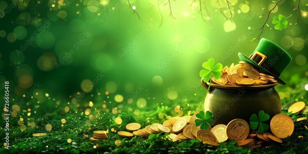 Banner st patricks day with treasure of leprechaun, pot full of golden ...
