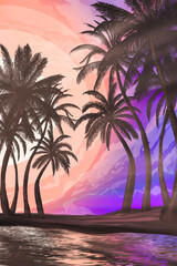 Wall Mural - seascape with palm trees at sunset, neon, silhouettes of palm trees, reflection in the water.