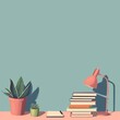© Prometheus  - Minimalistic table illustration with books, lamp and plants. Back to school illustration against minimalistic light coloured backdrop