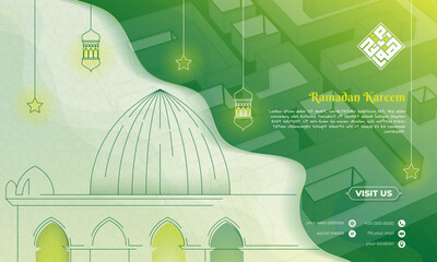 Sticker - Background in green design with line art of mosque, lantern, and star for ramadan kareem. Islamic background with green, yellow, white design. Arabic text mean is ramadan kareem.