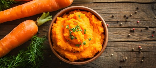 Wall Mural - Carrots mashed and boiled, served on a wooden table, symbolizing healthy food.