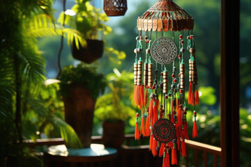 Canvas Print - A homemade wind chime project, using recycled materials for a melodious creation. Concept of eco-friendly crafts and sound art. Generative Ai.