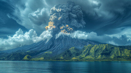 16:9 The volcano erupted releasing large clouds of black smoke and charcoal into the sky.