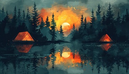 Wall Mural - Watercolor camp with a weathered tent in the foreground, with forest and mountains in the background