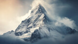 Fototapeta Góry - landscape view of the cold snowy mountains with lots of clouds covering them. Ai generate.