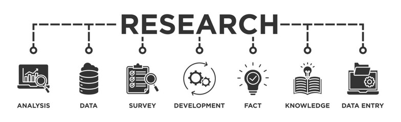 Research banner web icon vector illustration concept with icon of analysis, data, survey, development, fact, knowledge and data entry