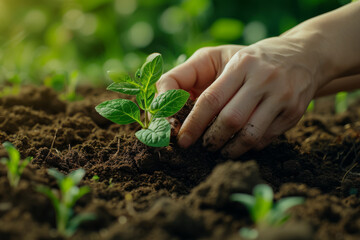 Poster - Someone gardening mindfully, focusing on the feel of the soil and plants. Concept of mindfulness in gardening and connection to the earth. Generative Ai.