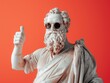 © Olha Yavorska - male smiling white statue portrait with beard, shows thumbs up, wear sunglasses, smiling, ancient clothes,