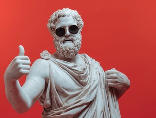 Wall Mural - male smiling white statue portrait with beard, shows thumbs up, wear sunglasses, smiling, ancient clothes,  
