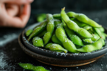 Canvas Print - Steamed edamame as a protein-rich and simple appetizer or snack. Concept of easy and nutritious whole food snacks. Generative Ai.