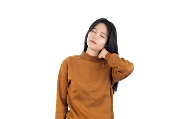 Young asian woman is having a strong pain in neck isolated on white background with clipping path. massaging the neck.