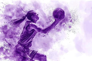 Wall Mural - Basketball player in action, woman purple watercolor with copy space