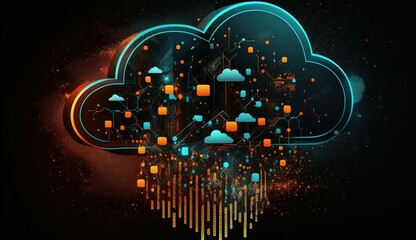 Technology networking and digital communication in business with cloud computing concept web storage for data global social media ai server online binary illustration background modern futuristic