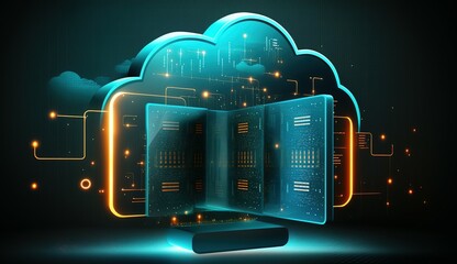 Technology networking and digital communication in business with cloud computing concept web storage for data global social media ai server online binary illustration background modern futuristic