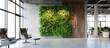 Green fresh plants in modern office wall for refreshing air circulation in the room. AI generated