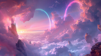 Wall Mural - Neon Rainbow In The Clouds fantasy background illustration.