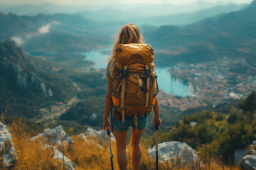 Poster - A young adult backpacking across countries, seeking new experiences and self-discovery. Concept of exploration and personal growth. Generative Ai.