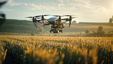 IoT Drone Flying Over Golden Field Of Wheat Farm Surveying IoT Drone