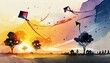 Watercolor illustration of flying kites at sunset