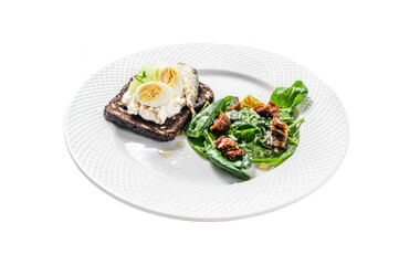 Wall Mural - Sandwiches with sardines, egg, cucumber and cream cheese, salad garnish with spinach and dried tomatoes.  Isolated, Transparent background.