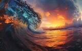 Fototapeta Morze - Sunset Surfing, Waves of Fire, Golden Hour at the Beach, Surfing Under a Blazing Sunset.