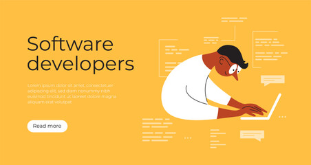 Software developers template. Man with glasses working using laptop, coding, programming, networking. Backend or frontend developer, geek, program code vector illustration. Programmer work, app script