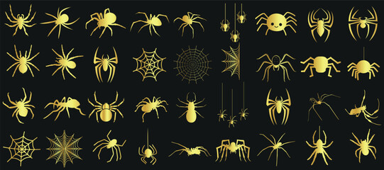 Wall Mural - Golden spiders, various species, isolated on black. Perfect for Halloween, horror, arachnid artwork. Realistic illustration ideal for web design, decor
