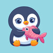 © GraphicZoneTen - cute penguin holding fish cartoon vector icon art illustration