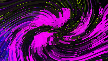 Wall Mural - Bright swirl purple black neon texture background. Abstract violet vortex. Art trippy luxury digital glitch backdrop. Banner. Template. Virtual reality card. Risograph style. Green neon light glare.